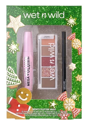 Wet n Wild Frosty Flutter Vault Set, Caja de Regalo de Maquillaje para Ojos con Eyeliner Negro Retráctil, Máscara de Pestañas Negro Voluminizante y Paleta de Sombras de Ojos con 5 Tonalidades