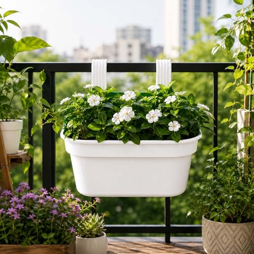 Image of Go Hooked 12 Inch Plastic Railing Hanging Planter Pot Set of 7 | Rectangular Flower Pots with Double Hook for Garden Fence Balcony Indoor Outdoor Home Decor | Durable Plant Container (Multicolor)
