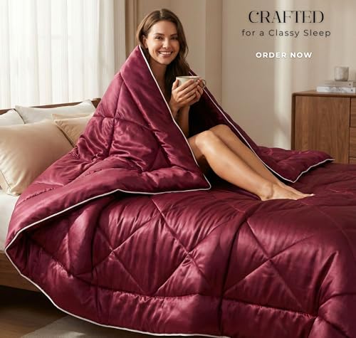 Image of SANMARINO Satin Comforter Double Bed 88x96 Inches | 300 TC Ultra Soft Silky Satin Comforter | Luxury Bedding for Bedroom, Couples, Wedding & Home Decor (Merlot)