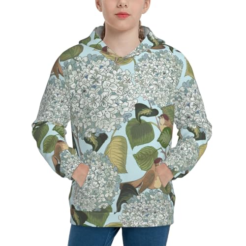 Hydrangea and Small Bird Kid Hoodies Boys Sweatshirts Girls Pullover with Pocket