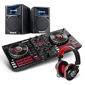 Numark DJ Voll Pro Paket – Platinum FX DJ Controller Pult mit 4-Deck Kontrolle, integriertem Audio Interface, zwei 60…
