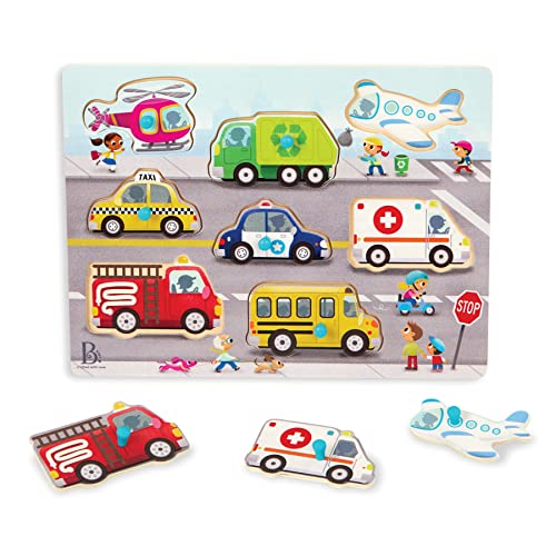B. toys – Peek & Explore – Vehicles – Wooden Peg Puzzle for Toddlers, Kids – 8 Pieces – Fire Truck, Airplane, Taxi & More – 2+ Years
