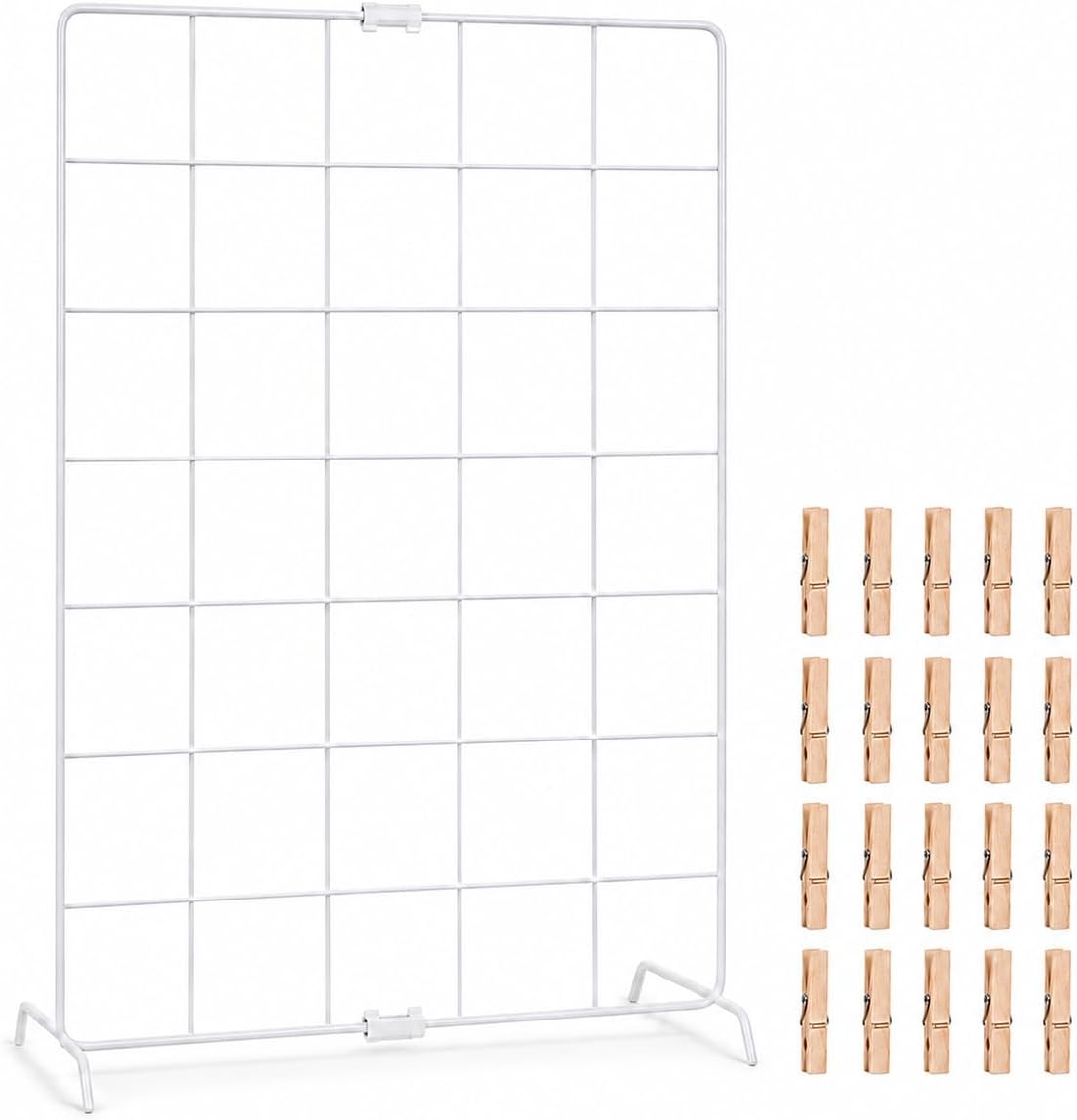 White Grid Display Stand, 27.6 x 13.8 Inch Metal Wire Grid Panel with 20 Wooden Clips, Freestanding Tabletop Photo Display Rack & Memo Board for Jewelry, Cards, Craft Shows, Home Office Decor