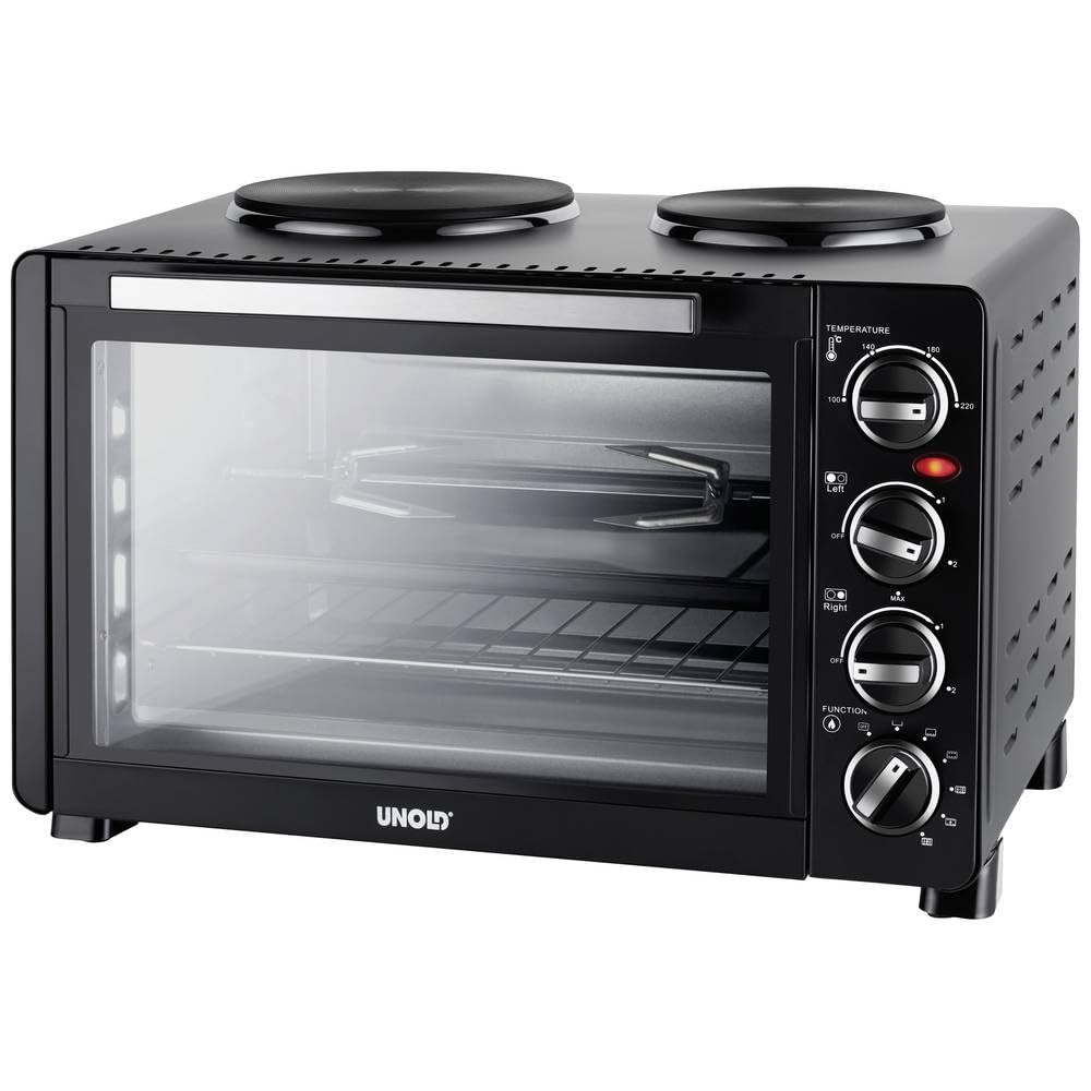 Unold 68885 All in One Minibackofen - 30L Garraum, 600-1.000 Watt Kochplatten, Flexible Temperatureinstellungen, Doppelverglaste Tür, Hitzeisoliertes Außengehäuse, Integrierter Drehspieß