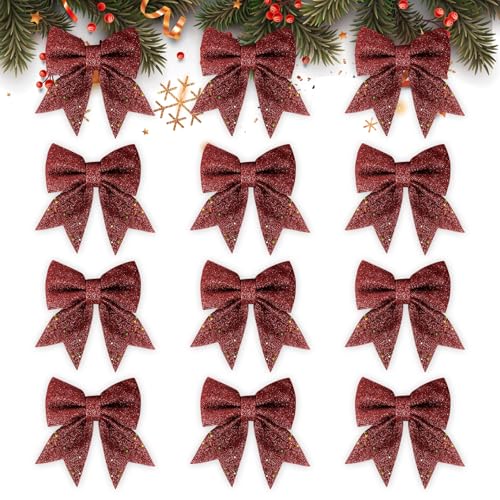 GXFCING 12pcs Lazos Grandes para Árbol de Navidad Rojos 15 x 12cm Lazos Navidad con Purpurina para Adornos Navideños Decoración Navidad