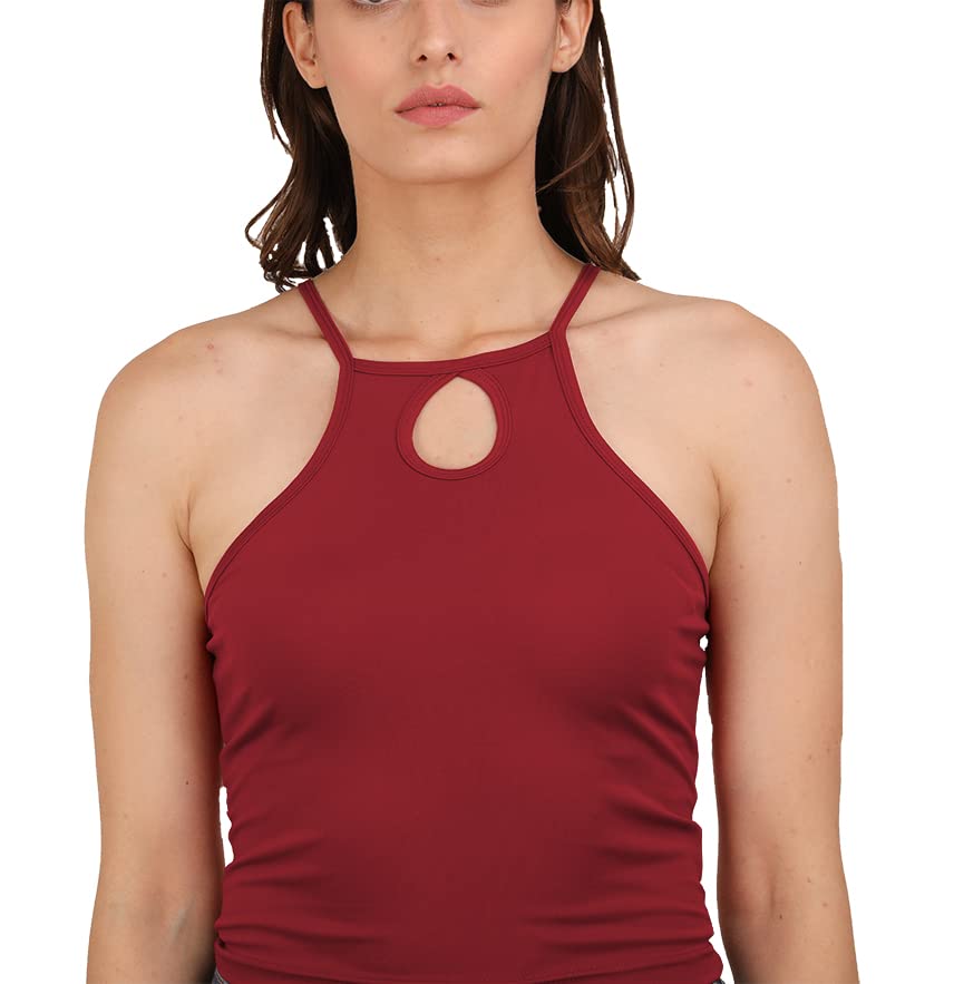 Image of A1586 Women's Lycra Notch Neck Stretchy Casual Solid Sleeveless Crop Top