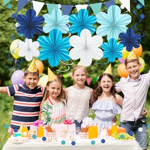 Image of Navy Blue Birthday Graduation Party Decoration 22 Pcs Hanging Paper Flower | Tassel Garland & Swirls for Wedding Bridal Showers Baby Shower Classroom Decor Backdrop Supplies Easy to Assemble Reusable
