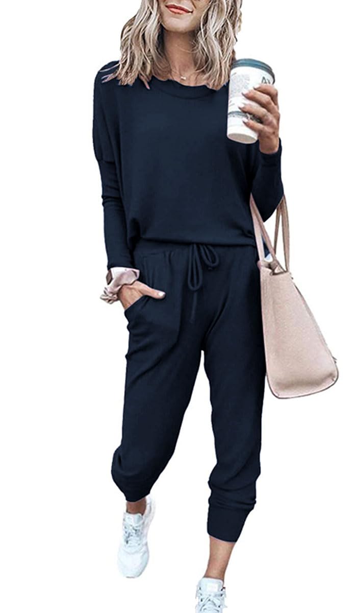 Paintcolors Women's 2 Piece Outfit Long Sleeve Crewneck Tracksuit Solid Color Sweatsuit Lounge Matching Set with Pockets