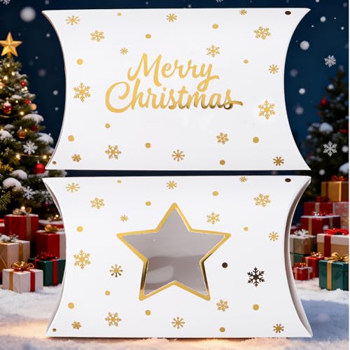 30* Cajitas Regalo Pequeñas Navidad 12x7,2x2,5cm, Cajas Regalo Navideñas Papel Estrella Merry Christmas Copos de Nieve Forma Almohada Blanco Dorado, Detalles Recuerdos Regalitos Chuches Invitados