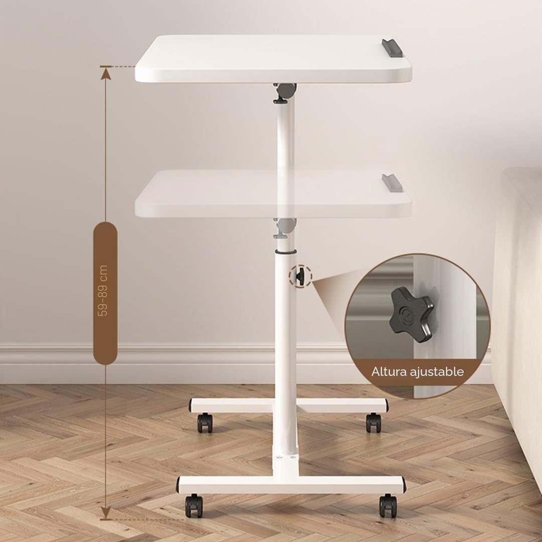 Mesa Auxiliar para Cama, Altura Ajustable, Plegable, con Ruedas, Mesa de Aseo móvil de Madera para Cama de 55 x 32 cm, Mesa Auxiliar móvil Flexible para sofá
