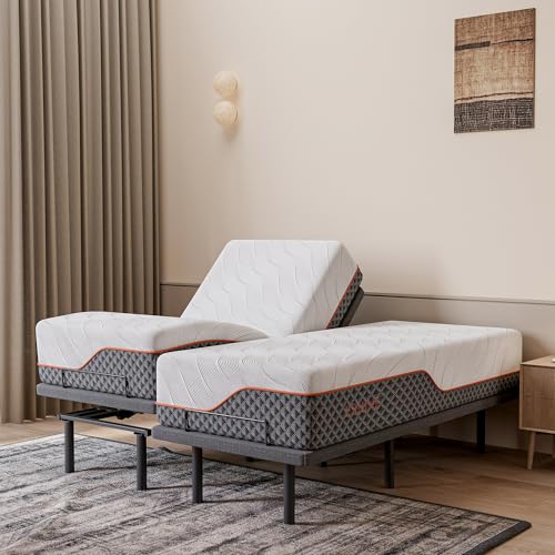 Image of ESHINE 14 inch Hybrid Mattress Twin XL + Adjustable Bed Frame - Luxury Gel Memory Foam, Upholstered Bed Frames with Massage, USB, Under Bed Night Light, Head and Foot Incline, Split King