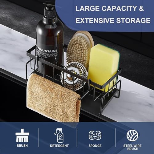 Image of Kitchen Sink Organizer Rack - Black Metal Sponge Holder with Drainage Base, Soap Dish Tray, Brush Holder & Rag Bar, Rustproof Storage Caddy for Counter or Sinkside