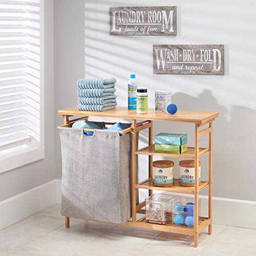 mDesign Bamboo Wood Laundry Station - Furniture Storage System with Hamper - 3 Open Storage Shelves to Organize Detergent, Liquid Fabric Softener, Bleach, Dryer Sheets, Stain Removers - Natural Finish - Thumbnail 6