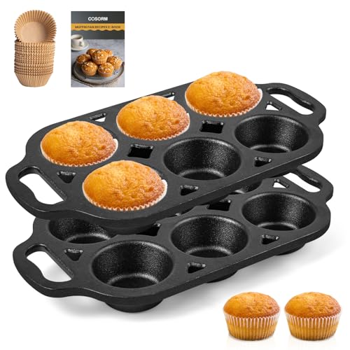 COSORM Pre-Seasoned Cast Iron Muffin Pan - 6-Cup Nonstick Cupcake Pan 2 Piece Set