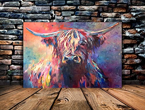 Banksy Graffiti Freedom Highland Cow Picture Canvas Wall Art Pop Street Art Farmhouse Cow Poster Oil Painting Artwork Men Home Kitchen Office Decor Giclee Print Wood Frame Gallery Wrapped-36''Wx24''H #TOP1