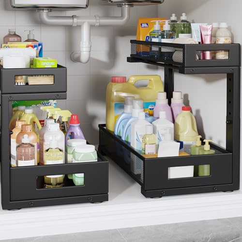 Image of 2 Pack 17IN Depth Under Sink Storage Organizer, Large 2-Tier Elegant Mesh Pull Out Shelf for Kitchen and Bathroom Cabinet Organization, L-Shaped and Adjustable Height Design-Black