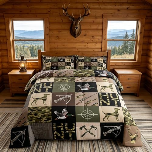 Image of Feelyou Camouflage Deer Duck Hunt Comforter Set Queen Size for Boys Teens Kids,Hunting Camo Theme Bedding Sets Mallard Duck Hunter Quilt Men Room Decor