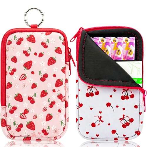 Image of KJQJLY 2 Pack Portable Tampon Organizer Bag Tampon Holder & Storage Case with Zipper for Travel, Discreet Period Bag for Purse, Waterproof Feminine Products Pouch for Women (Strawberry&Cherry)