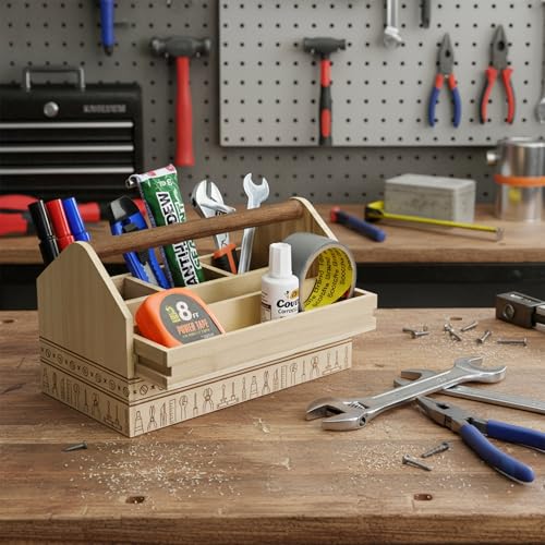 Image of Ikee Design Small Wooden 5-Compartment Craft Tool Box Caddy with Drawer and Handle, Desk Art Supply Storage Organizer for Craft Tools, Makeup Essentials, 10 W x 4.9 D x 5.5 H in