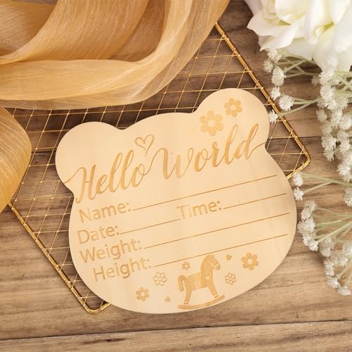 Image of Baby Announcement Sign, 5.91x5.35 Inch Wooden Hello World Newborn Sign Newborn Announcement Sign Birth Announcement Cards Baby Name Cards for Baby Gift (Style 2)