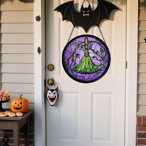 Image of Stained Glass Window Hanging - Halloween Decorations Witch Magic Broom Suncatcher for Doors Garden Indoor Funny Spooky Sun Catchers Gothic Decor Horror Gifts for Women Men Friend 7.8 in
