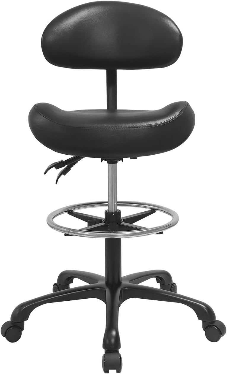 Drafting Swivel Rolling Chair,Sturdy Padding,Adjustable Stool with Wheels for Home,Office,Shop,Doctor,Massage Salon(with New Backrest and Footrest, Black)