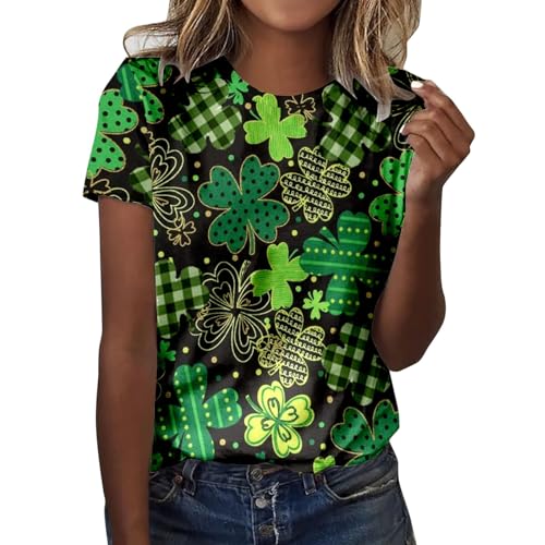 Camiseta de manga corta para mujer, diseño de trébol verde irlandés, para el Día de San Patricio, estilo casual, elegante, informal, para otoño, para mujer, Negro, M