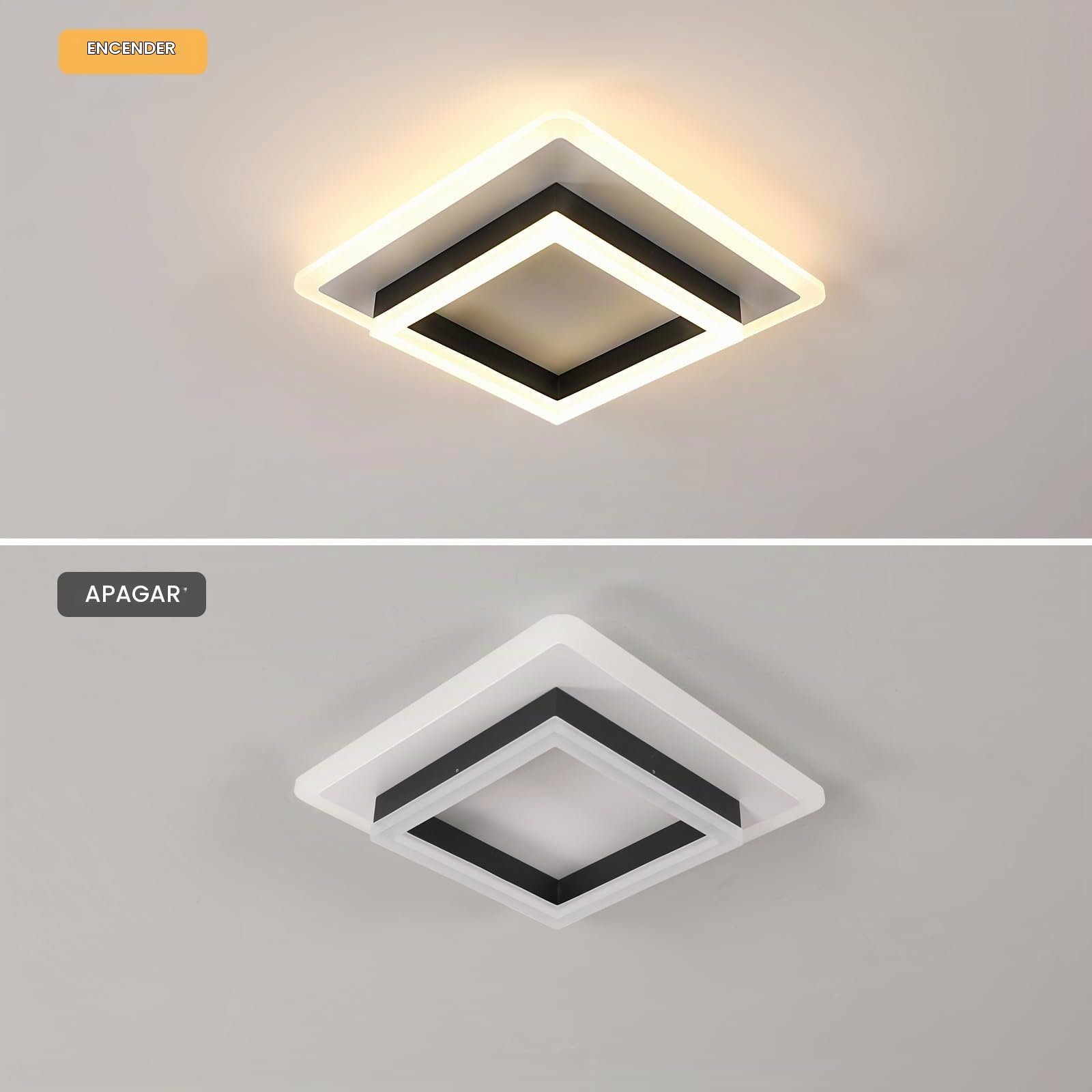 Plafon Led Techo, 30W Moderna Cuadrada Lámpara de Techo LED, | Luz de Techo Negro de Acrílico para Salon Dormitorio Cocina Pasillo, Blanco Cálido 3000K