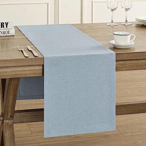 Image of ZeeMart Basic Linen Style Table Runner, 14 x 36 Inch Blue Chambray, Rustic Farmhouse Light Dusty Blue Table Runners 36 Inches Long, Everyday Polyester Table Runner - Machine Washable & Easy Care