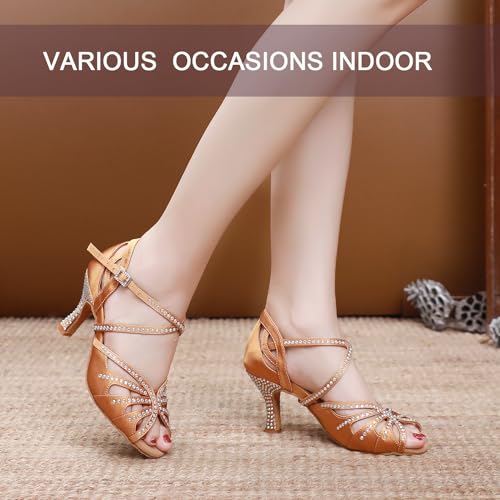 Ballroom Dance Shoes for Women – Salsa Latin Dancing Shoes, Professional 3 Inch Ladies Satin Rhinestone Dance Heels, 3＂Mid Heel Suede Sole3