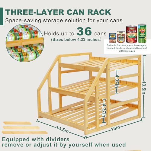 Bamboo Can Rack Organizer for Kitchen Cabinets or Pantry, Holds 36 Cans