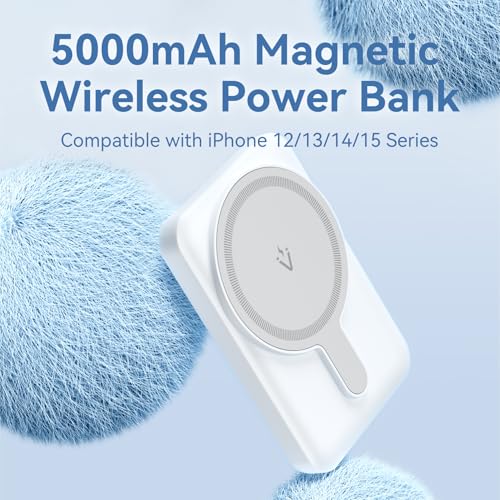 Vention 5000 mAh Magnetic Wireless Power Bank, 20 W Fast Charging Portable Charger with USB-C & Wireless Charging, White LED Indicator, Compact for iPhone/Samsung/AirPods (White)