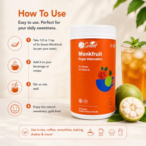 Image of So Sweet Monk Fruit Sweetener 375 g, Sugar Free, Natural Sugar Alternative | Monk fruit extract and erythritol blend, sugar substitute for tea, coffee, baking, cooking and desserts, 375 g jar