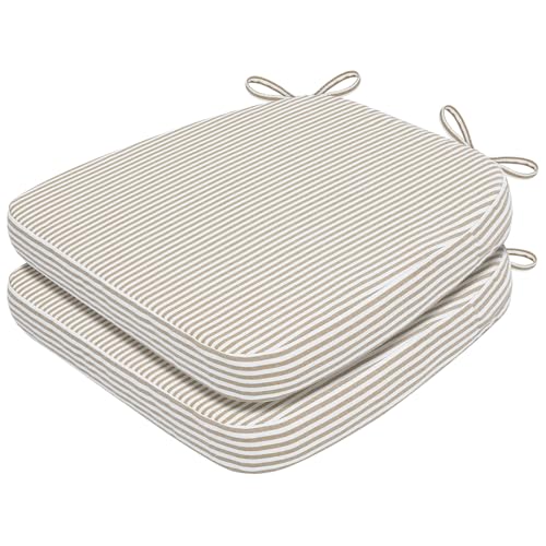 Image of AAAAAcessories D-Shaped Chair Cushions, 2 inch Thick Dining Chair Pads with Ties and Removable, Machine-Washable Cover, 17 inch x 16 inch, Set of 2, Natural Sand Pinstripe
