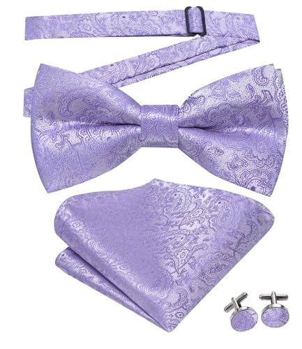 Image of Dubulle Mens Paisley Striped Bowtie Set Pre-tied Bowtie for Men and Pocket Square Set Wedding Business