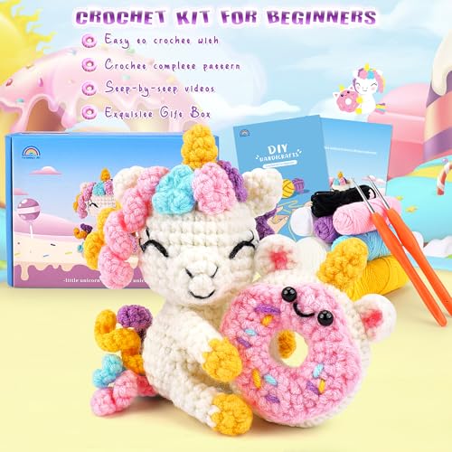 Image of Fortuning's JDS Crochet Kit for Beginners - Unicorn Crochets Kit with Step-by-Step Video Tutorials, Beginner Crochet Kit for Adults, Crochet Animal Kit for Kids, Crochet Unicorn Loves Donut Set