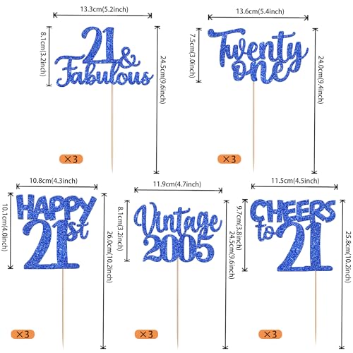 Image of 15 PCS 21st Birthday Centerpiece Sticks Glitter Twenty One Happy 21 Vintage 2005 Table Flower Centerpieces Sticks Cheers to 21 Fabulous Floral Decorations for 21st Birthday Party Supplies Blue