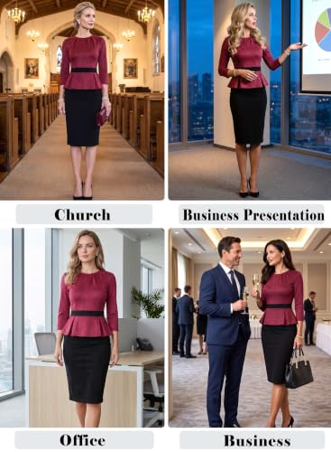 Image of VFSHOW Womens Pleated Crew Neck Peplum Slim Work Business Bodycon Dress | 3 /4 Sleeves, Professional Elegant Church, Funeral, Spring Fall, Fitted Office Pencil Sheath Dress