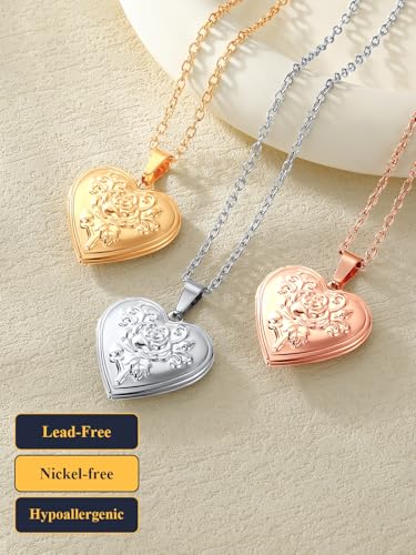 U7 Locket Necklace for Women, Silver/Gold/Rose Gold Custom Photo Text Necklaces, Flower Heart/Round Shape Personalized Picture Pendant Necklace 18 Inch4