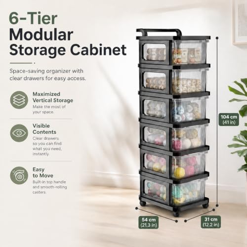 Image of Heavy Duty Plastic Storage Drawer with Wheels | Modular Cabinet for Bedroom, Office, Home or Classroom| Chest of Drawers Organiser for Cosmetics, Kitchen items, Toys (Transparent, 6)