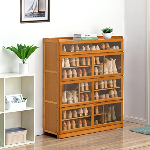 Image of MoNiBloom Shoe Storage Cabinet with Pull-Down Acrylic Doors & Tall Compartment for Heels Boots Shoes Rack for 28-33 Pairs Entryway Porch, Brown