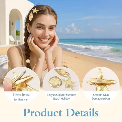 6 PCS Pinzas pequeñas de Metal, Clips de Estrella de Mar Dorados para Mujeres y Niñas, Pequeñas Pinzas de Cocodrilo para el Verano, Herramientas de Estilismo para Disfraz de Sirena miniatura 4