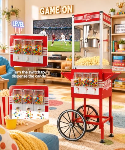 Image of 12 oz Commercial Popcorn Machine Cart with Candy Dispenser, Pop Corn Machine Maker Makes Up to 48 Cups, Movie Theater Popcorn Machine with 3-Switch Control&Stainless-Steel Kettle, Red