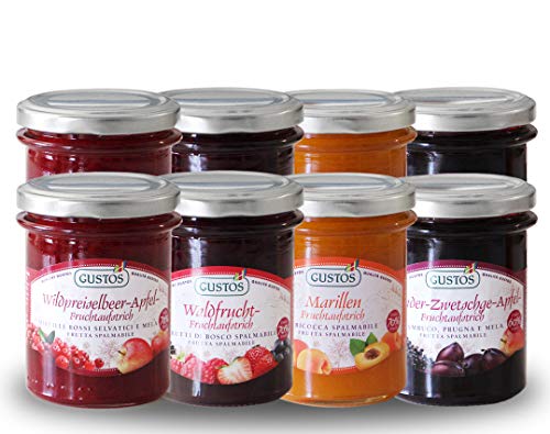 GUSTOS - Set 8 Gläser Fruchtaufstrich Gustos: 4 Konfitüren, jeweils 2x, für ein gesundes Frühstück sowie für Kuchen und Gebäck Cover
