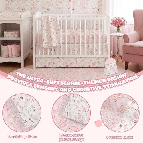 Image of Hahafelt 4 Pieces Crib Bedding Set for Girls and Boys, Soft Baby Bedding Set Including Crib Skirt, Comforter, Sheet and Diaper Stacker for Nursery(Pink Floral)