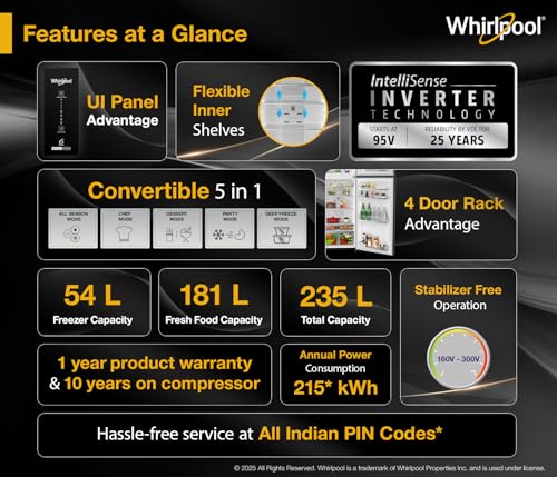 Image of Whirlpool 235 L 3 Star Convertible Frost Free inverter Double Door Refrigerator (IF INV 278 RADIANT STEEL(3S) CONV-TL)