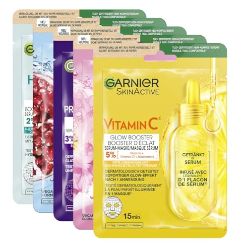 Garnier SkinActive Tuchmasken Set, Tuchmasken für das Gesicht, Feuchtigkeitsspendende Gesichtsmasken, Erfrischend, Revitalisierend, Glättend, Sanft strahlend, Glow boostend, 5 Stück
