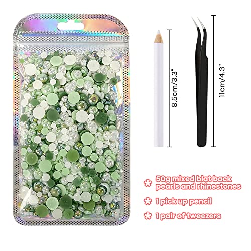 ASTARON 50g Mix Flatback Rhinestones Half Pearls for Crafts Mixed Size 3mm-10mm Flat Back Rhinestones for Crafts Flatback Pearls for DIY Tumblers Mugs Nail Art Shoes Clothes (Fresh Green Series) - Image 2