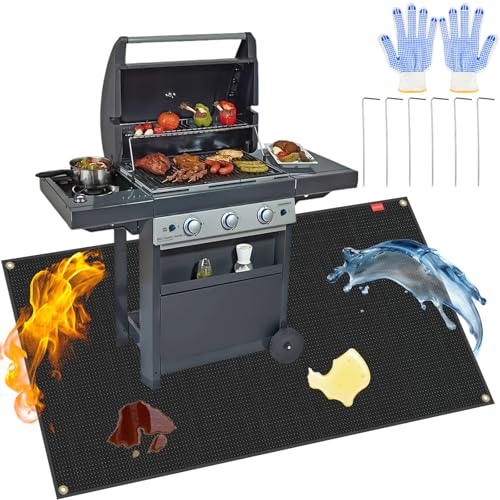 Large 48 x 40 inches Under Grill Mats set with BBQ Gloves and six ground spikes for Outdoor Grill, Double-Sided Fireproof Grill Pad Mat, Fireproof, Waterproof and Oil Proof Portable and Reusable