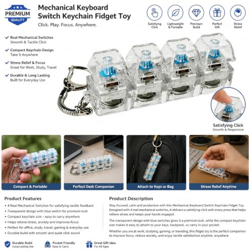 Image of Mechanical Keyboard Switch Keychain Fidget Toy with 4 Blue Switches